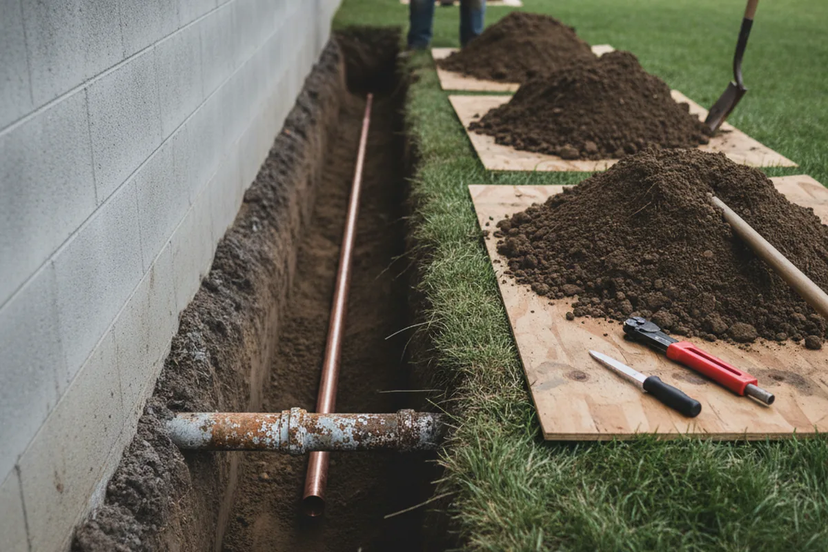 Excavated water line trench during Sewer Line Repair in Frederick